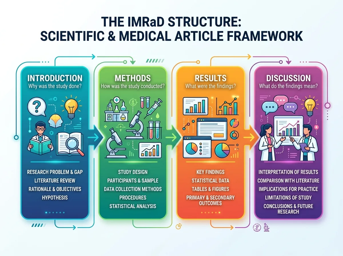 Схема структуры научной медицинской статьи IMRaD: введение, методы, результаты, обсуждение — наглядная инфографика на белом фоне