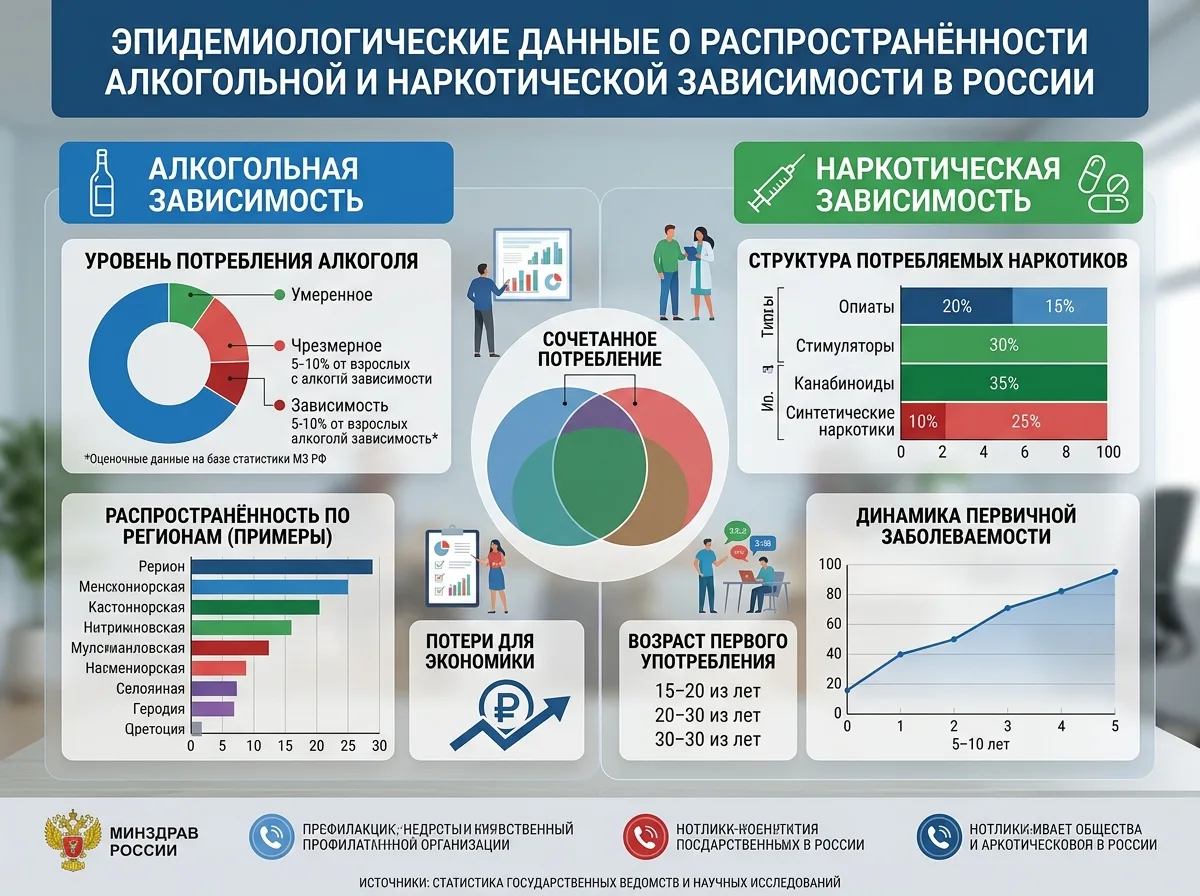 Инфографика с эпидемиологическими данными о распространённости алкогольной и наркотической зависимости в России
